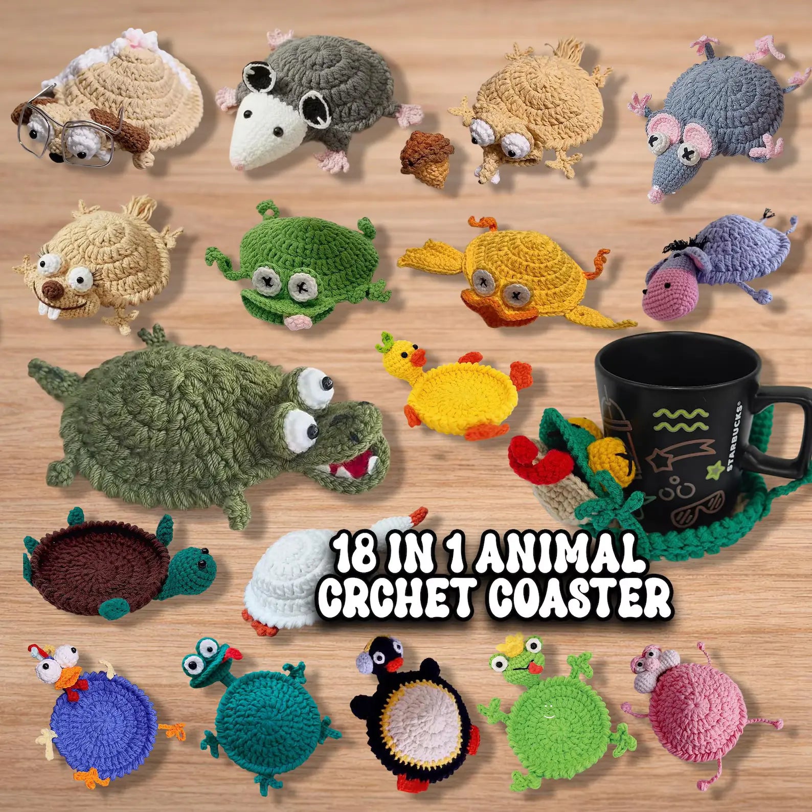 18-in-1 Animal Crochet Coaster Patterns, Mug Hugger Bundle, animals cup holder (PDF + VIDEO TUTORIAL)