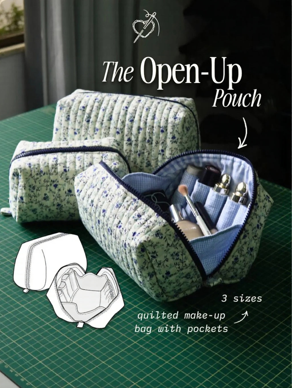Open-Up Pouch PDF Sewing Pattern — Quilted Makeup Bag in 3 Sizes