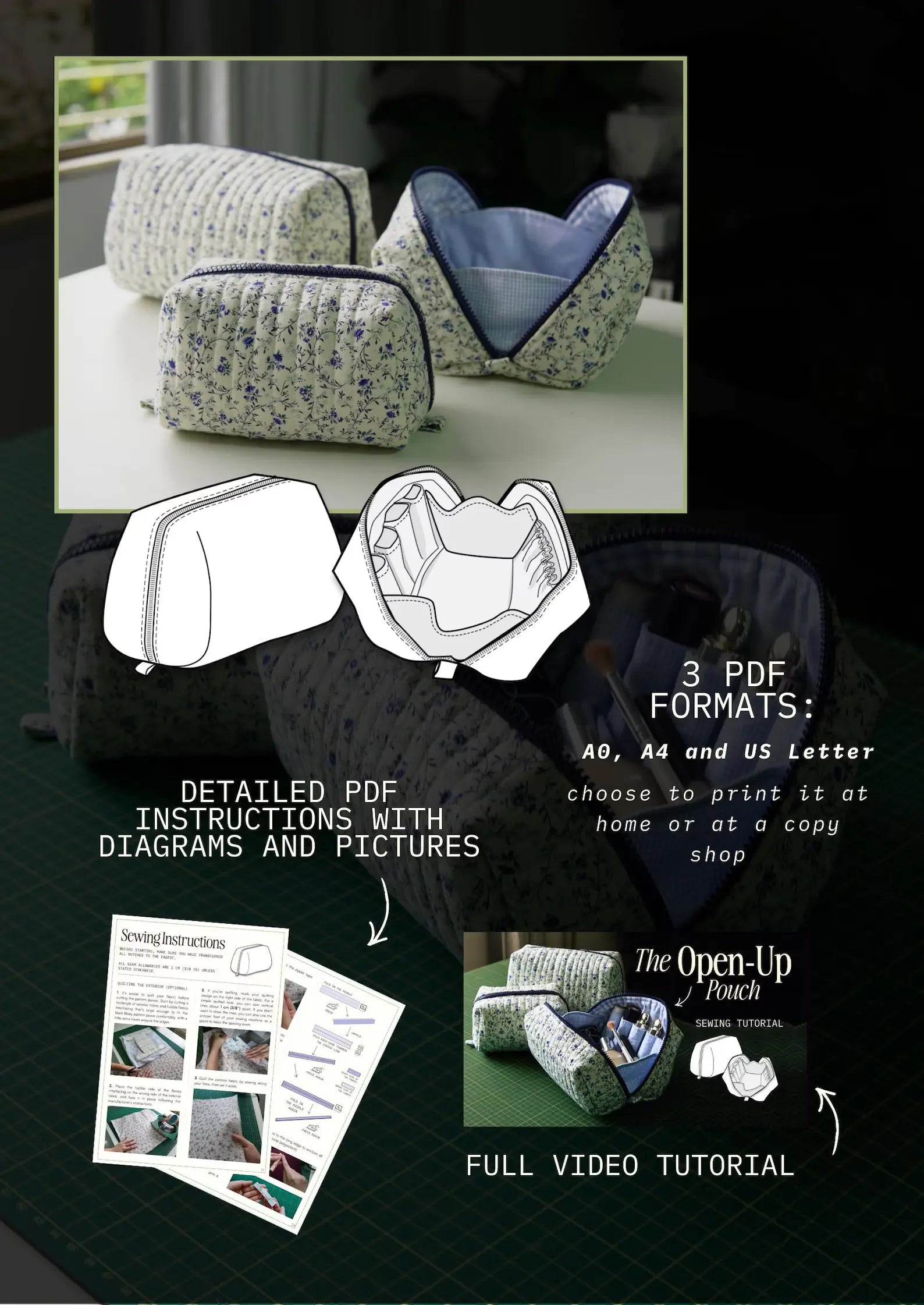 Open-Up Pouch PDF Sewing Pattern — Quilted Makeup Bag in 3 Sizes