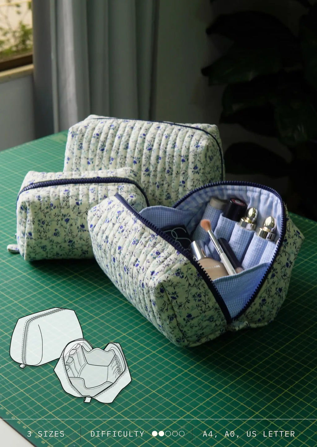 Open-Up Pouch PDF Sewing Pattern — Quilted Makeup Bag in 3 Sizes