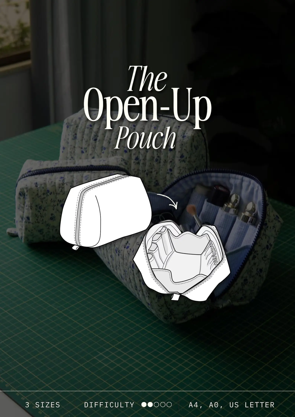 Open-Up Pouch PDF Sewing Pattern — Quilted Makeup Bag in 3 Sizes