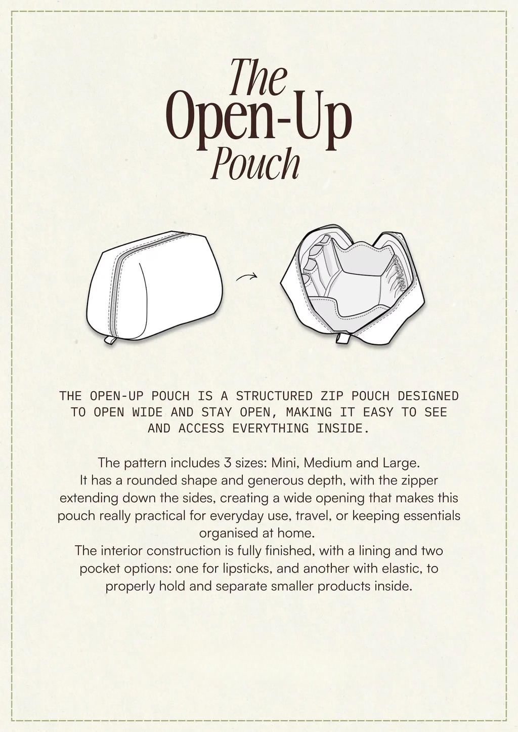 Open-Up Pouch PDF Sewing Pattern — Quilted Makeup Bag in 3 Sizes