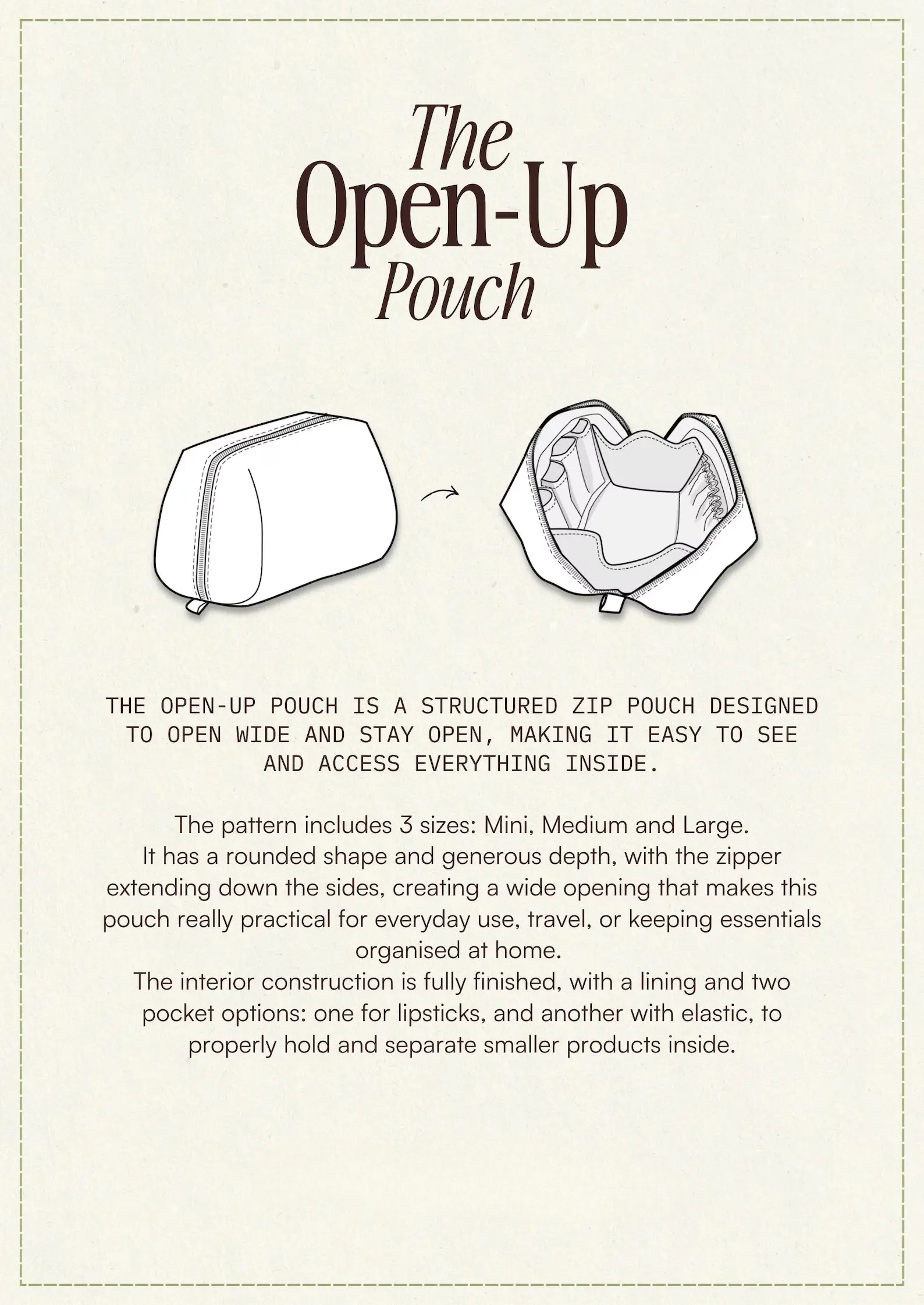 Open-Up Pouch PDF Sewing Pattern — Quilted Makeup Bag in 3 Sizes