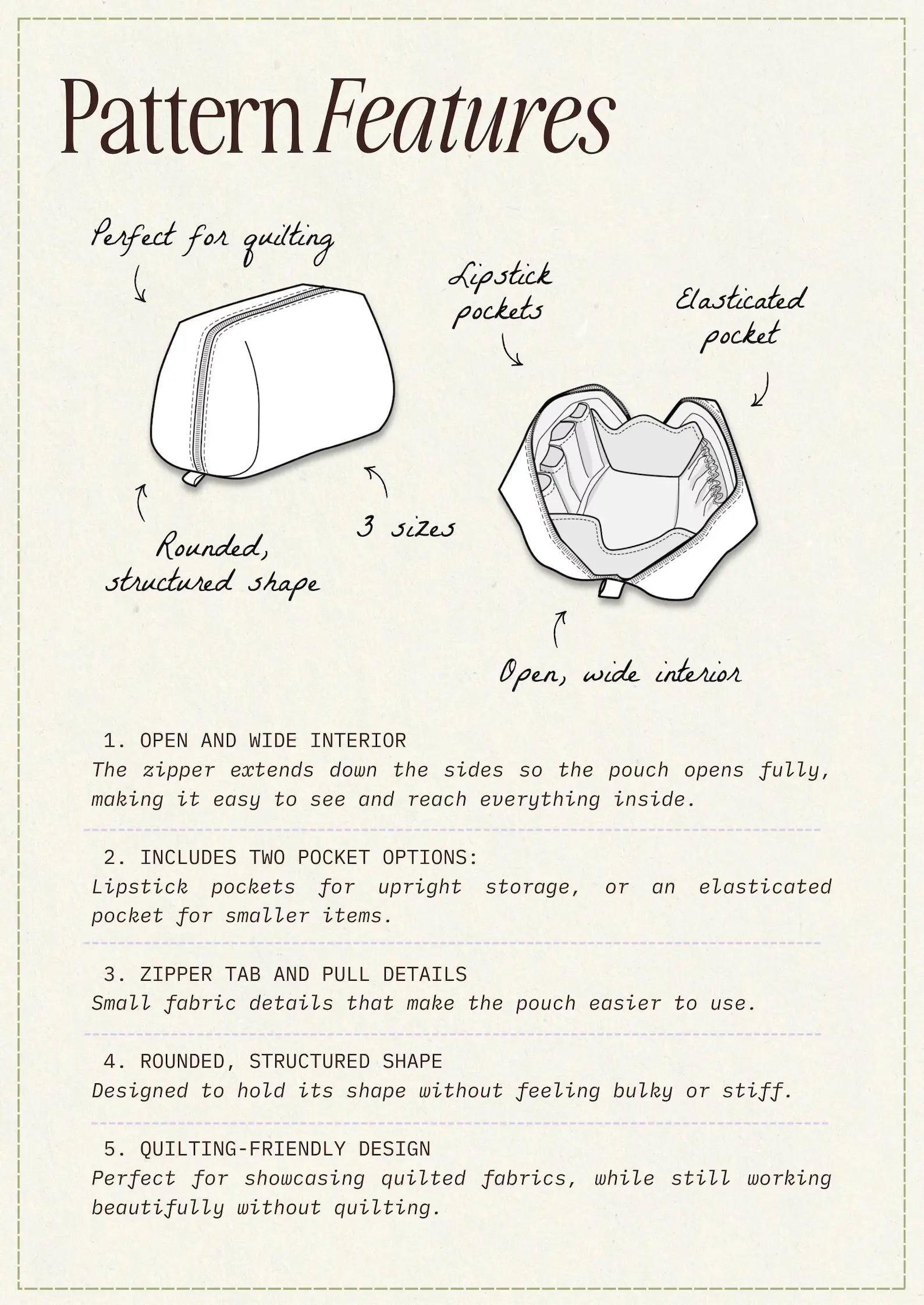 Open-Up Pouch PDF Sewing Pattern — Quilted Makeup Bag in 3 Sizes