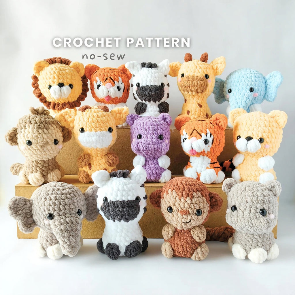 14-in-1 No-Sew Safari Amigurumi Crochet Pattern PDF | 14 Animal Plush Bundle