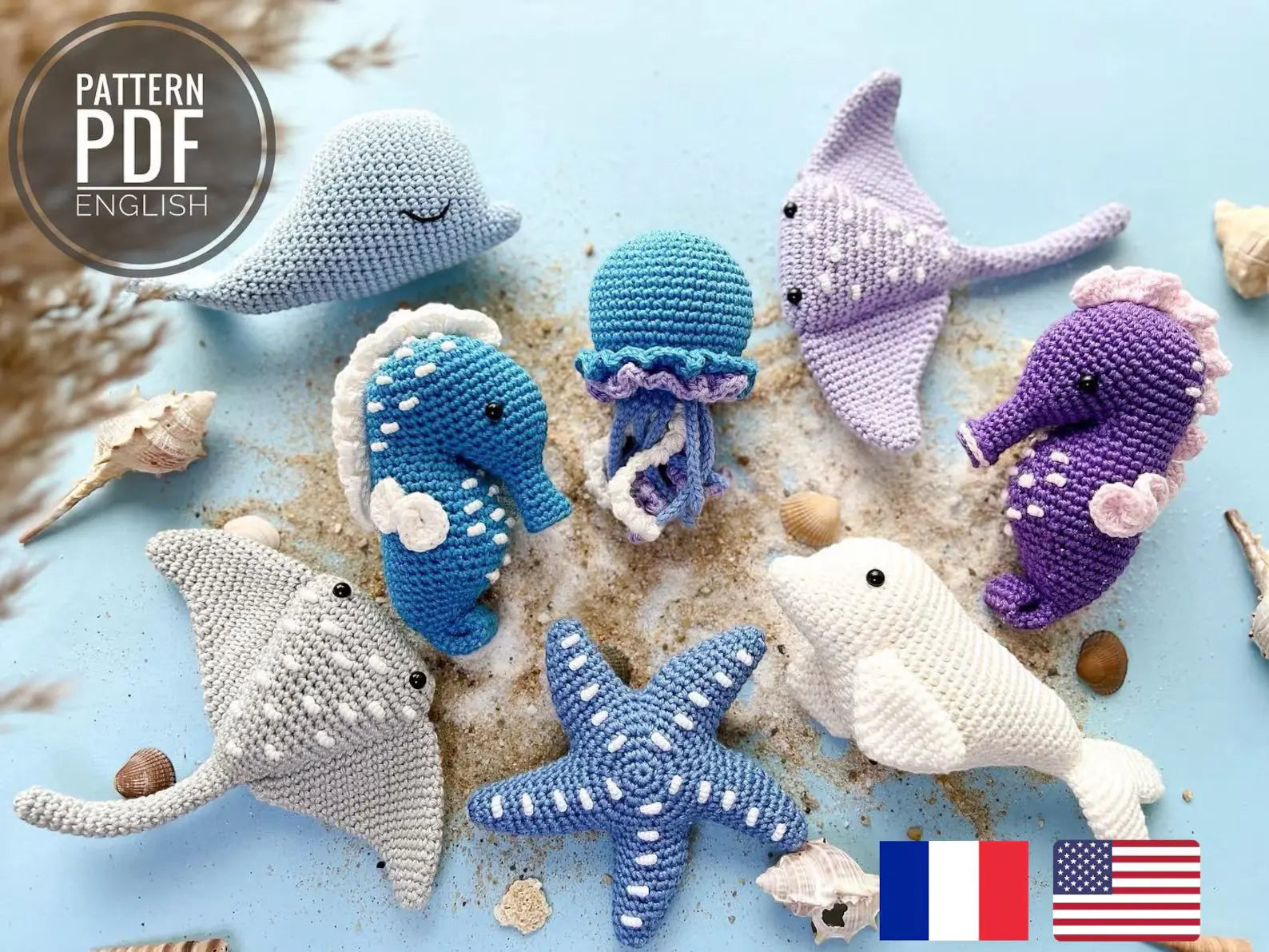 Crochet Sea Animals Pattern Bundle — Seahorse, Jellyfish, Beluga & More (PDF, English & French)
