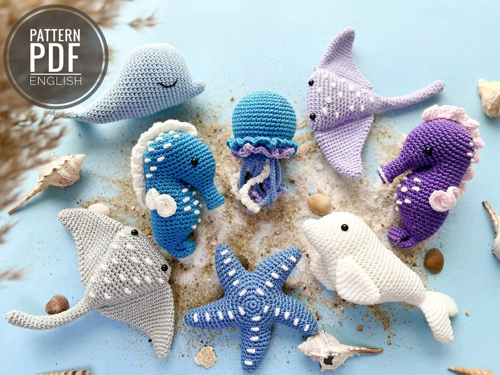 Crochet Sea Animals Pattern Bundle — Seahorse, Jellyfish, Beluga & More (PDF, English & French)