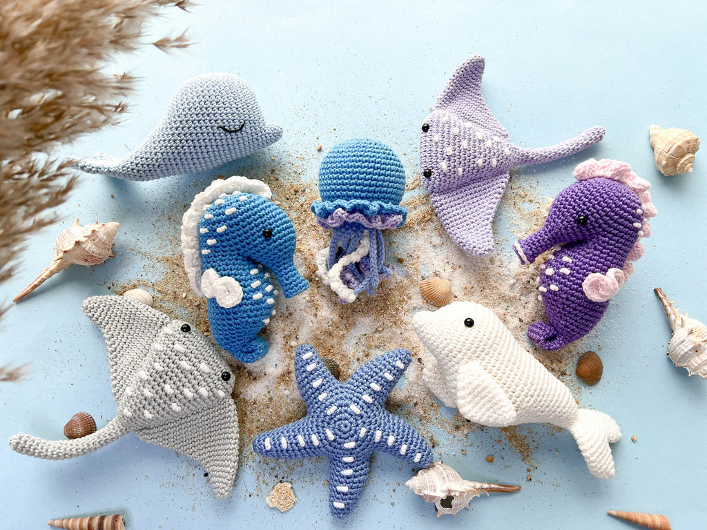 Crochet Sea Animals Pattern Bundle — Seahorse, Jellyfish, Beluga & More (PDF, English & French)