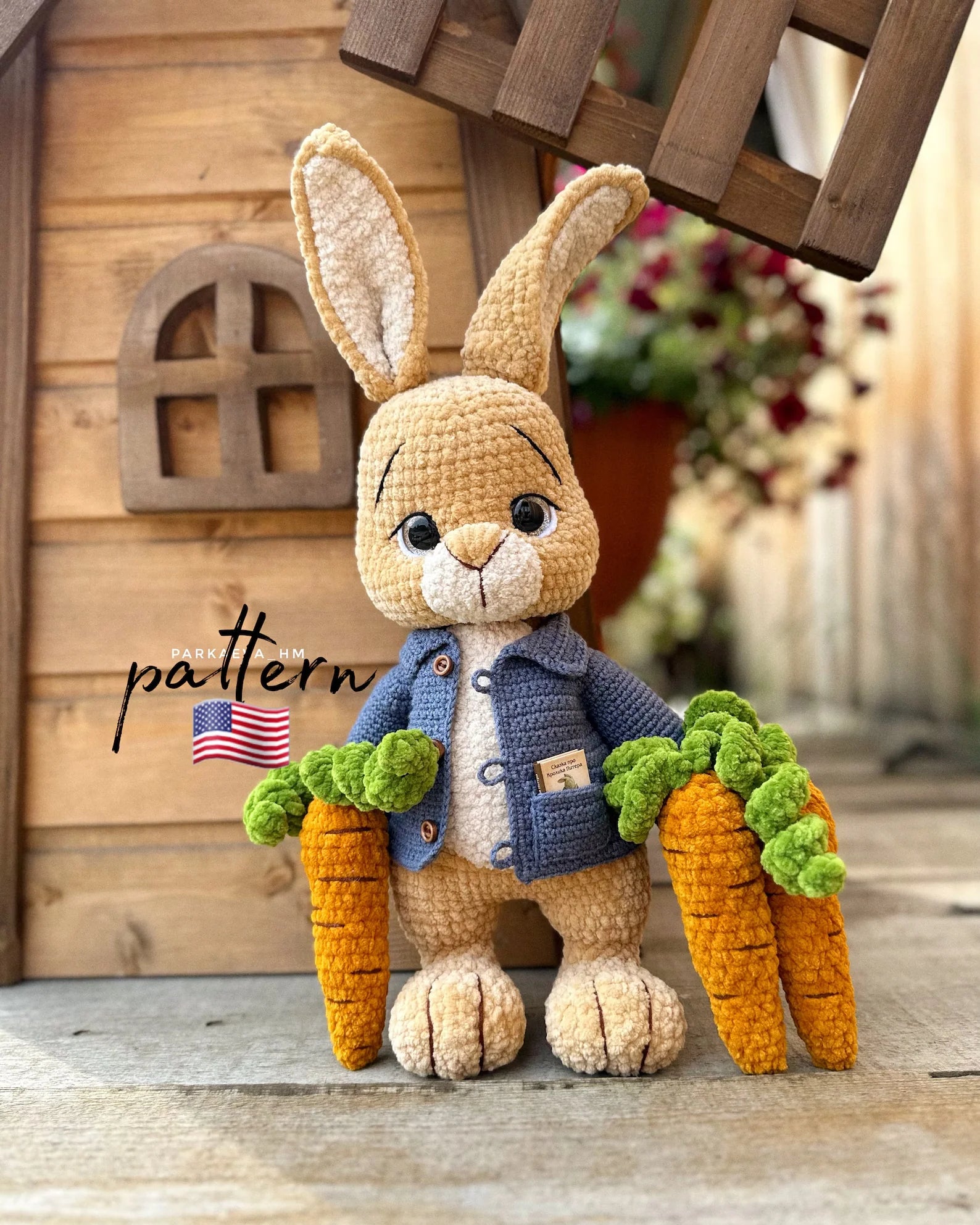 Amigurumi Bunny Crochet Pattern PDF – Large Plush Rabbit Toy with Jacket & Carrot (32cm)