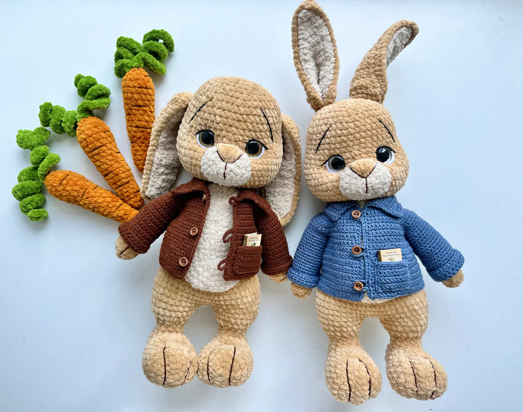 Amigurumi Bunny Crochet Pattern PDF – Large Plush Rabbit Toy with Jacket & Carrot (32cm)